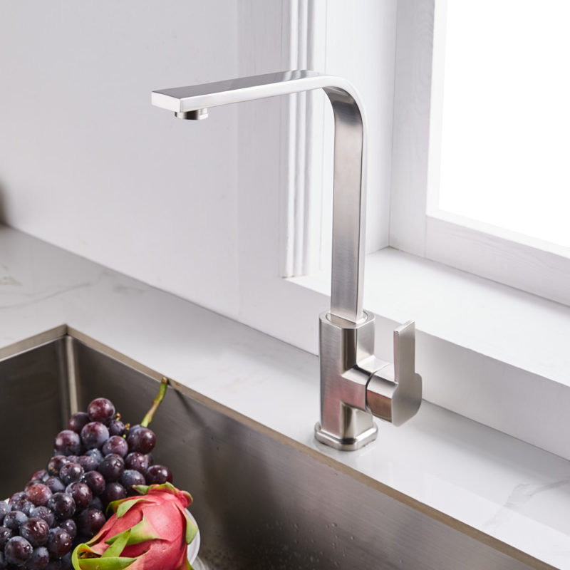 T304 Solid Stainless Steel Modern Kitchen Sink Faucet 90 Degree Single Handle Bar Faucet