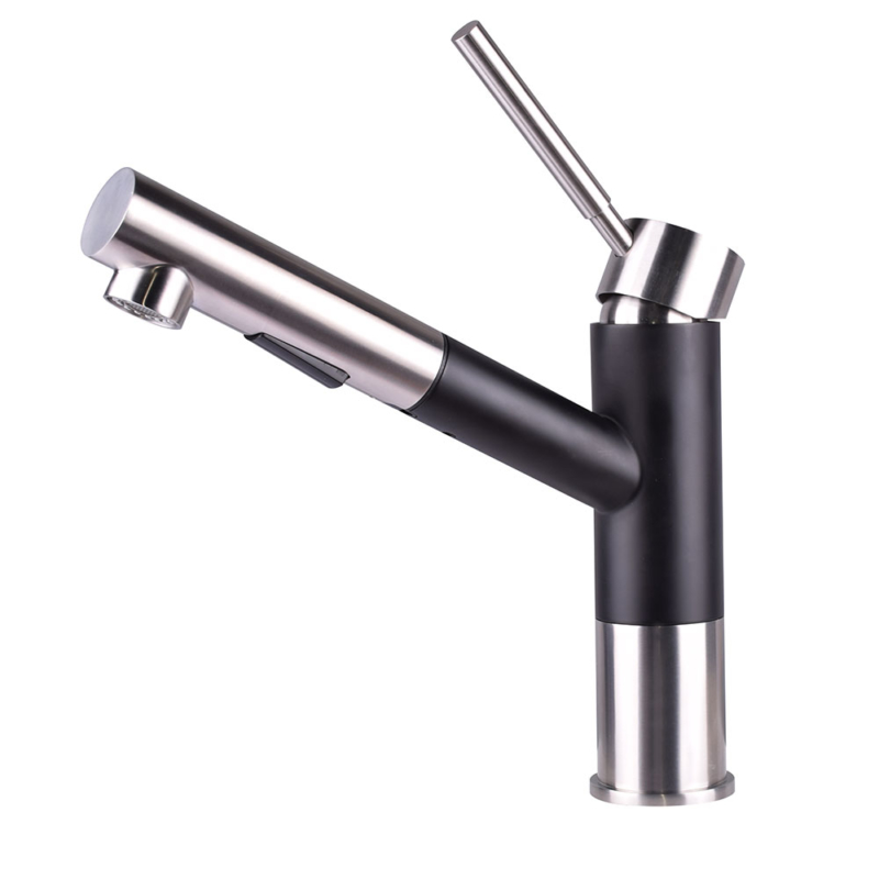 minimal low profile kitchen faucet with pull out sprayer in stainless steel
