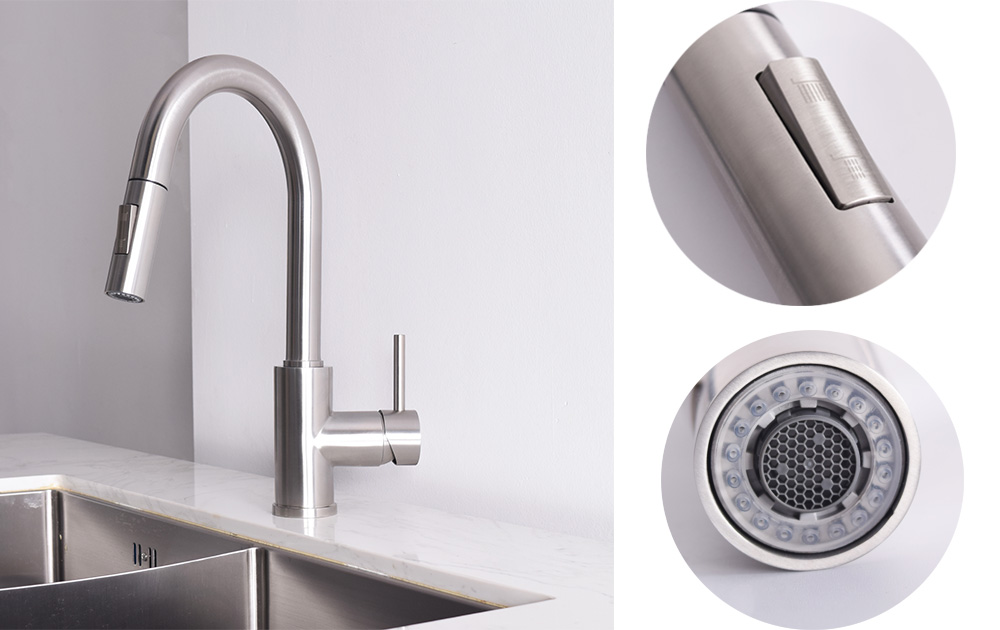 Torino Sleek and contemporary pull-down kitchen faucet in stainless steel