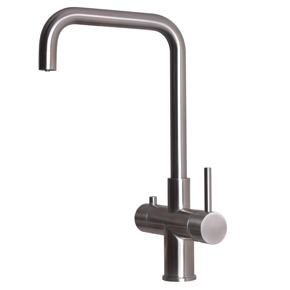 Boiling water faucet made of stainless steel with a safety locking lever