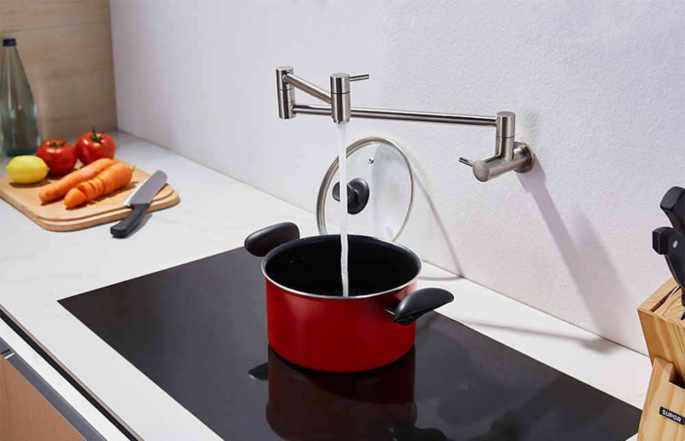 wall mounted pot filler faucet in stainless steel
