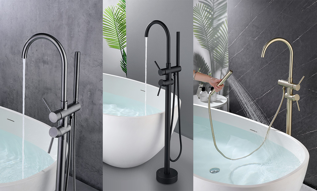 Stainless steel freestanding bathtub filler with hand shower