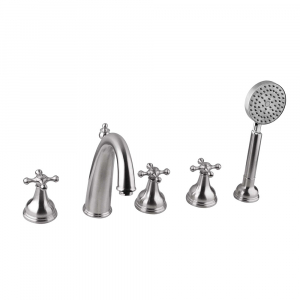 Traditional 5 hole 3 handle widespread bathtub filler mixer tap, Solid stainless steel, with hand shower
