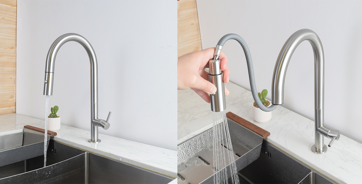 Minimalist stainless steel pull-out faucet